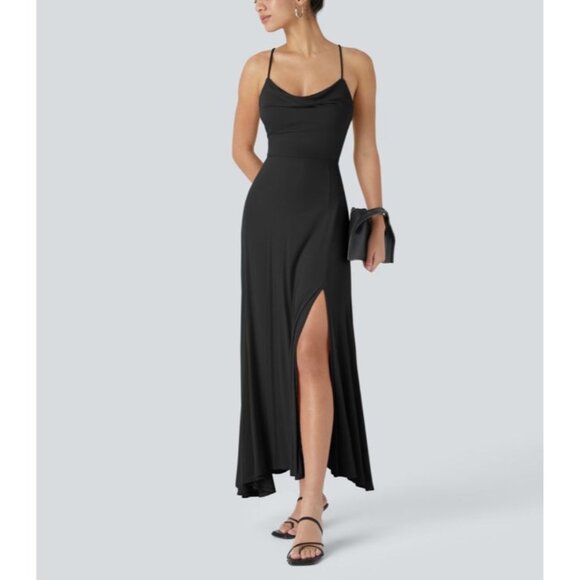 Halara Ribbed Cowl Neck Backless Crisscross Lace Up Split Midi Party Dress Sz Sm - Picture 1 of 14